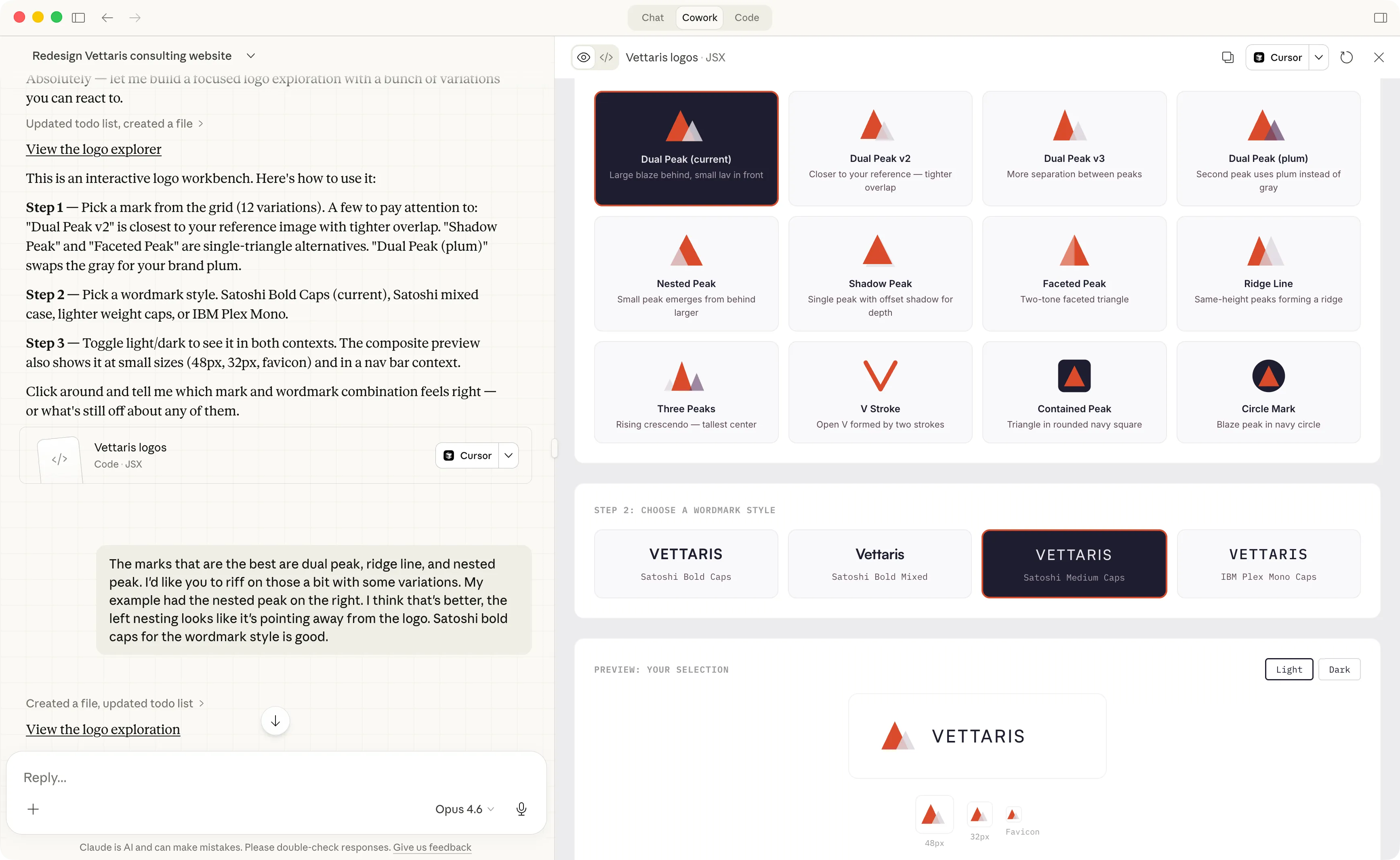Claude's interactive logo explorer with twelve mark variations and wordmark options