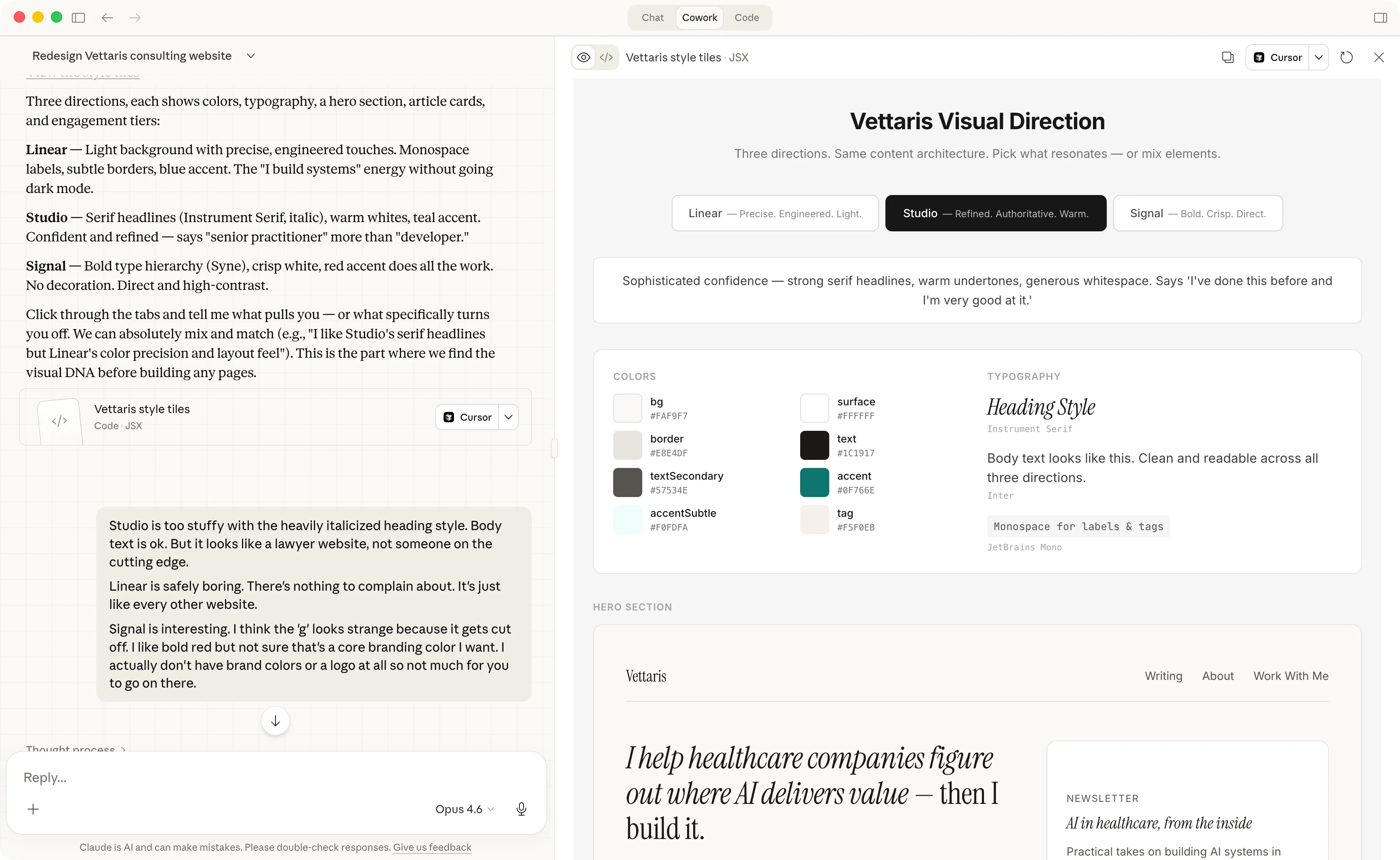 Three visual direction options with full color palettes, typography samples, and layout previews